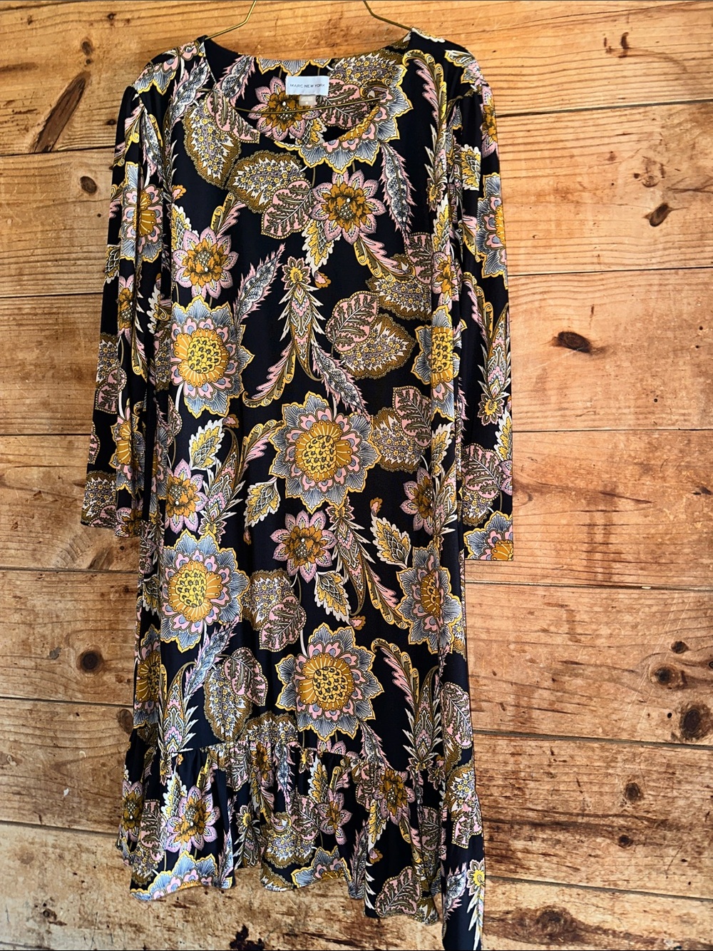 Marc New York Black Floral Long Sleeve Midi Dress with Pink and Yellow Bloom